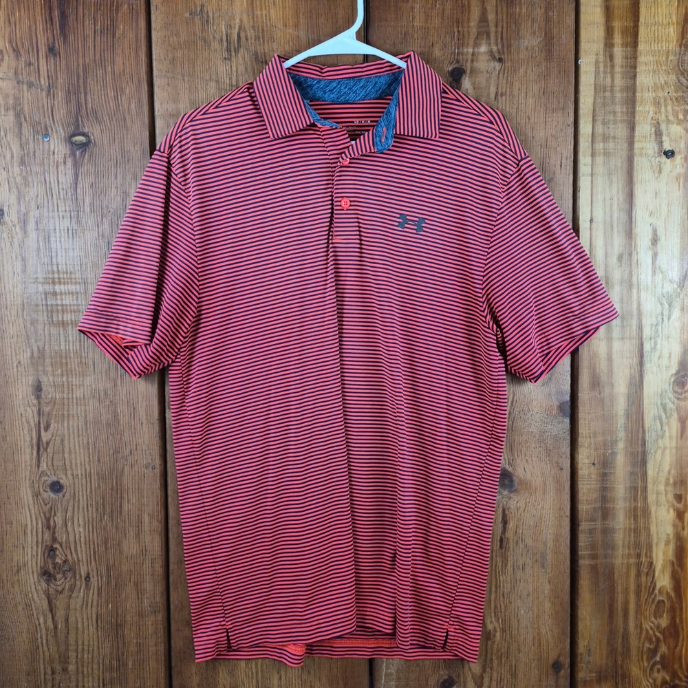 Under Armour Heatgear Mens Medium Polo Shirt Red Navy Blue Striped Loose Fit